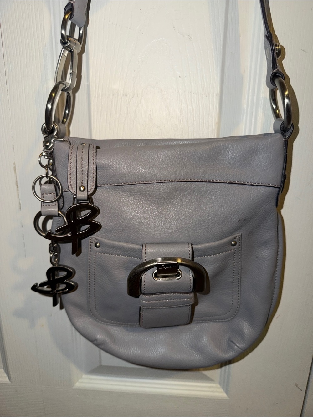 b. makowsky Gray Leather Crossbody with Logo Charm and Buckle